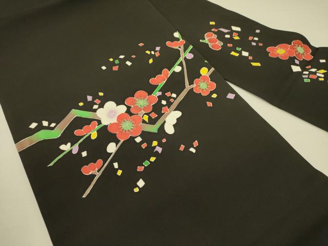 平和屋着物●塩瀬 九寸名古屋帯 枝梅 黒地 正絹 逸品 DABB7312op