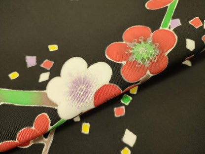 平和屋着物●塩瀬 九寸名古屋帯 枝梅 黒地 正絹 逸品 DABB7312op