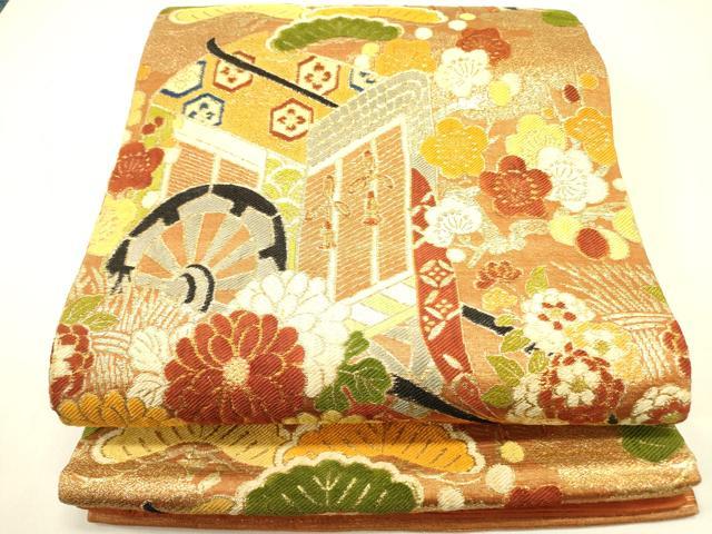 平和屋着物●アンティーク 大正ロマン 丸帯 御所車花文 金糸 引き抜き帯 正絹 逸品 DABB7317op