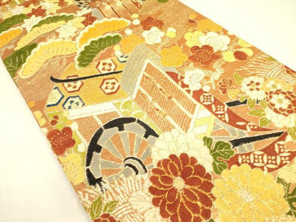 平和屋着物●アンティーク 大正ロマン 丸帯 御所車花文 金糸 引き抜き帯 正絹 逸品 DABB7317op