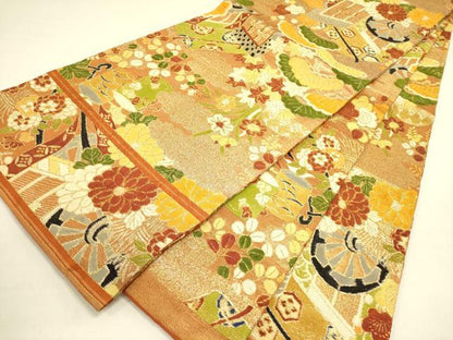 平和屋着物●アンティーク 大正ロマン 丸帯 御所車花文 金糸 引き抜き帯 正絹 逸品 DABB7317op