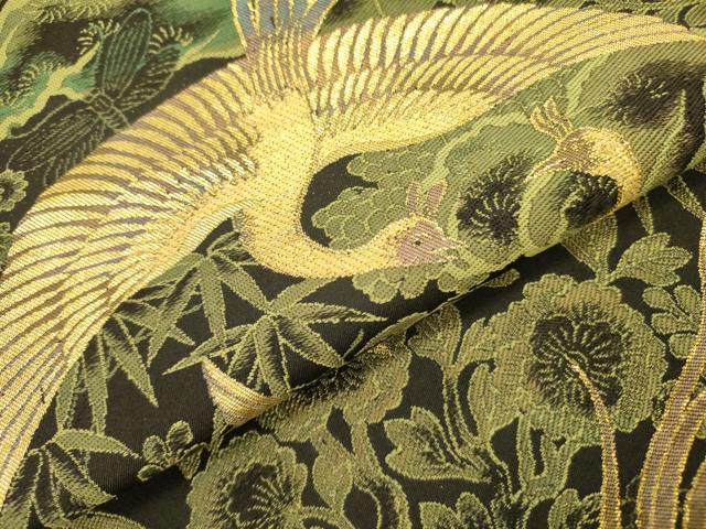 平和屋着物●アンティーク 大正ロマン 丸帯 鳳凰花文 黒地 金糸 引き抜き帯 正絹 逸品 未使用 DABB7318op