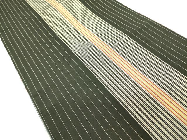 平和屋着物●両面 全通柄袋帯 紬地 杢目絞り 間道 黒地 正絹 逸品 未使用 DABB7325op