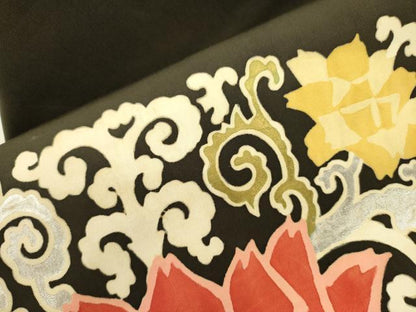 平和屋着物●塩瀬 九寸名古屋帯 草花 黒地 金銀彩 正絹 逸品 DABB7328op