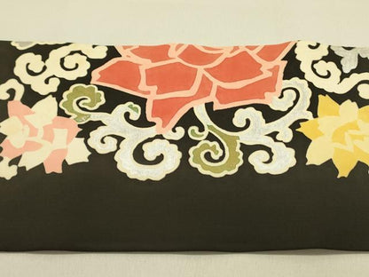 平和屋着物●塩瀬 九寸名古屋帯 草花 黒地 金銀彩 正絹 逸品 DABB7328op