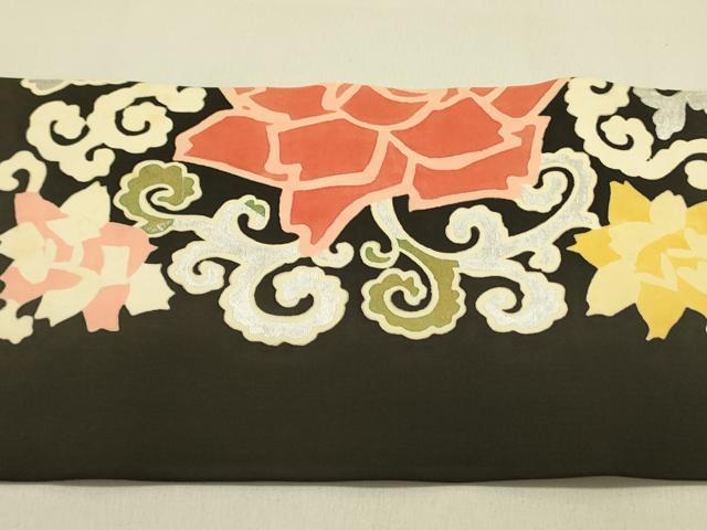 平和屋着物●塩瀬 九寸名古屋帯 草花 黒地 金銀彩 正絹 逸品 DABB7328op