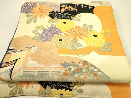 平和屋着物●アンティーク 大正ロマン 両面 六通柄京袋帯 刺繍 風景花文 引き抜き帯 金彩 正絹 逸品 DABB7336op