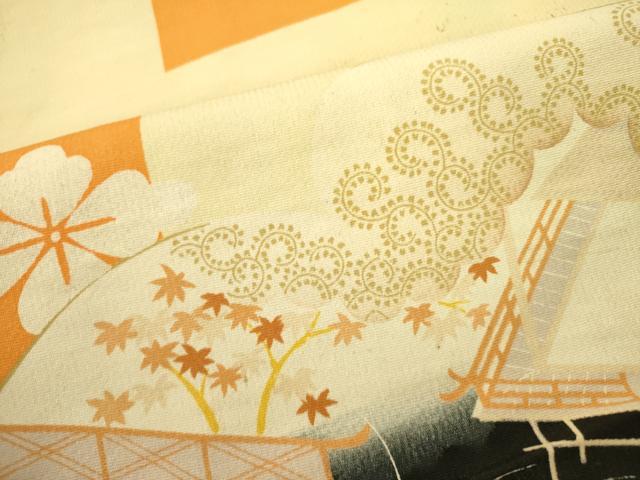 平和屋着物●アンティーク 大正ロマン 両面 六通柄京袋帯 刺繍 風景花文 引き抜き帯 金彩 正絹 逸品 DABB7336op