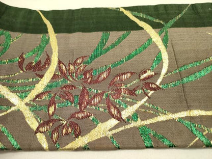 平和屋着物●アンティーク 大正ロマン 九寸名古屋帯 草葉文 金糸 正絹 逸品 DABB7355op