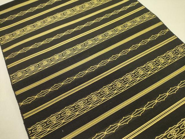 平和屋着物●本場筑前博多織 八寸名古屋帯 横段抽象文 黒地 正絹 逸品 DABB7359op