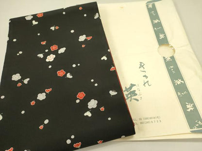 平和屋着物●洗える最高級着物 ＜英＞はなぶさ謹製 全通柄京袋帯 舞梅 黒地 金彩 鬼しぼ縮緬 たとう紙付き 未使用 DABB7366op