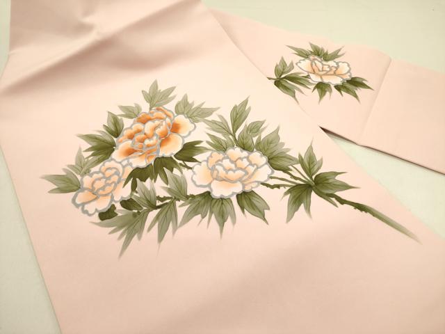平和屋着物●塩瀬 九寸名古屋帯 手描き 牡丹 正絹 逸品 DABB7384op