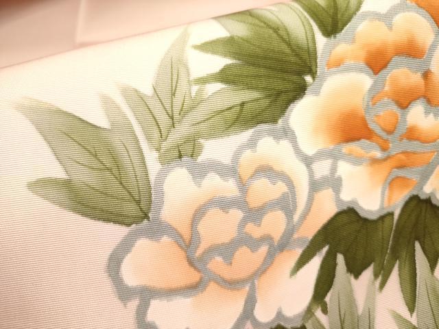 平和屋着物●塩瀬 九寸名古屋帯 手描き 牡丹 正絹 逸品 DABB7384op