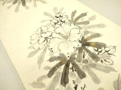 平和屋着物●六通柄袋帯 作家物 手描き 髭紬 草花 金彩 正絹 逸品 DABB7390op