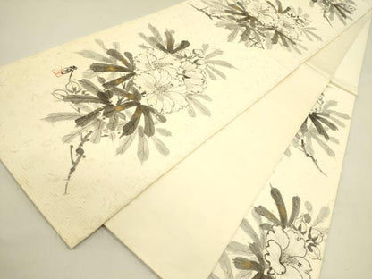 平和屋着物●六通柄袋帯 作家物 手描き 髭紬 草花 金彩 正絹 逸品 DABB7390op