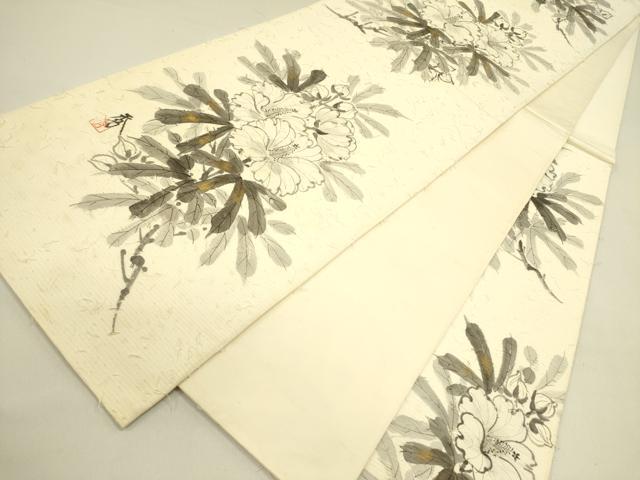 平和屋着物●六通柄袋帯 作家物 手描き 髭紬 草花 金彩 正絹 逸品 DABB7390op