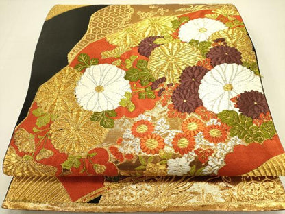 平和屋着物●西陣 河合美術織物謹製 六通柄袋帯 唐織 花鳥文 黒地 金糸 正絹 逸品 DABB7392op