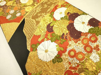 平和屋着物●西陣 河合美術織物謹製 六通柄袋帯 唐織 花鳥文 黒地 金糸 正絹 逸品 DABB7392op