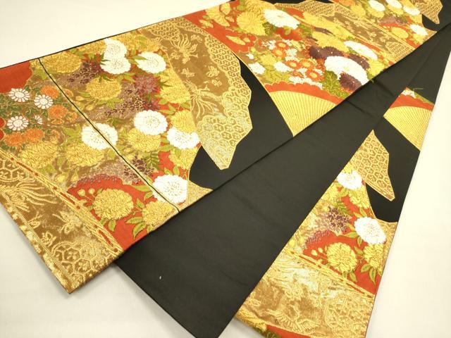 平和屋着物●西陣 河合美術織物謹製 六通柄袋帯 唐織 花鳥文 黒地 金糸 正絹 逸品 DABB7392op