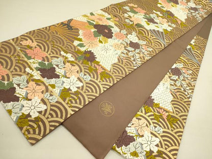 平和屋着物●西陣　河合美術織物謹製　六通柄袋帯　唐織　能衣錦　扇花文　金糸　正絹　逸品　DABB7396op