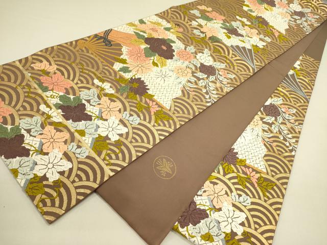 平和屋着物●西陣　河合美術織物謹製　六通柄袋帯　唐織　能衣錦　扇花文　金糸　正絹　逸品　DABB7396op