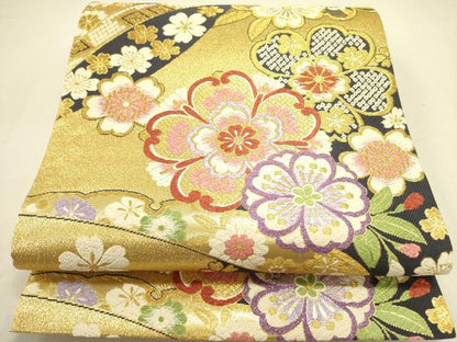 平和屋着物●六通柄袋帯 唐織 舞桜 金糸 正絹 逸品 DABB7402op