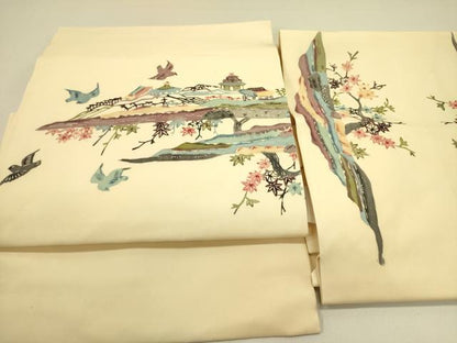 平和屋着物●塩瀬 つけ帯 型染 風景花鳥文 正絹 逸品 DABB7411op