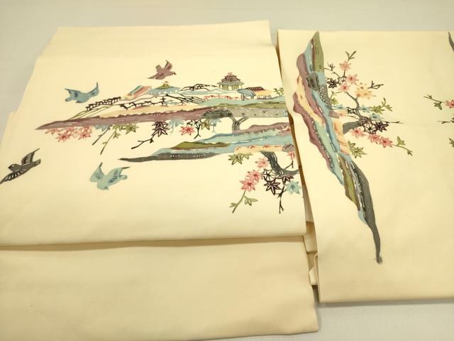 平和屋着物●塩瀬 つけ帯 型染 風景花鳥文 正絹 逸品 DABB7411op