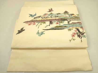平和屋着物●塩瀬 つけ帯 型染 風景花鳥文 正絹 逸品 DABB7411op