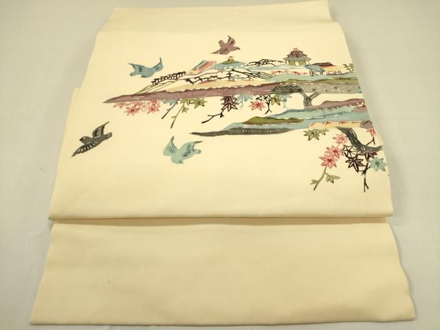平和屋着物●塩瀬 つけ帯 型染 風景花鳥文 正絹 逸品 DABB7411op