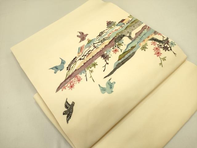 平和屋着物●塩瀬 つけ帯 型染 風景花鳥文 正絹 逸品 DABB7411op