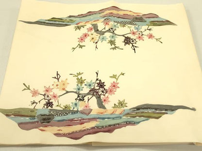 平和屋着物●塩瀬 つけ帯 型染 風景花鳥文 正絹 逸品 DABB7411op