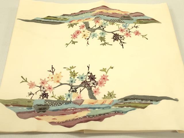 平和屋着物●塩瀬 つけ帯 型染 風景花鳥文 正絹 逸品 DABB7411op
