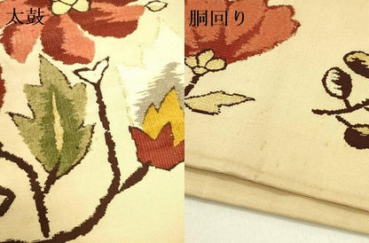 平和屋着物●爪掻き本綴れ つけ帯 モール 草花 金糸 正絹 逸品 DABB7412op