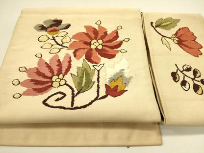 平和屋着物●爪掻き本綴れ つけ帯 モール 草花 金糸 正絹 逸品 DABB7412op