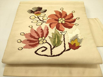 平和屋着物●爪掻き本綴れ つけ帯 モール 草花 金糸 正絹 逸品 DABB7412op