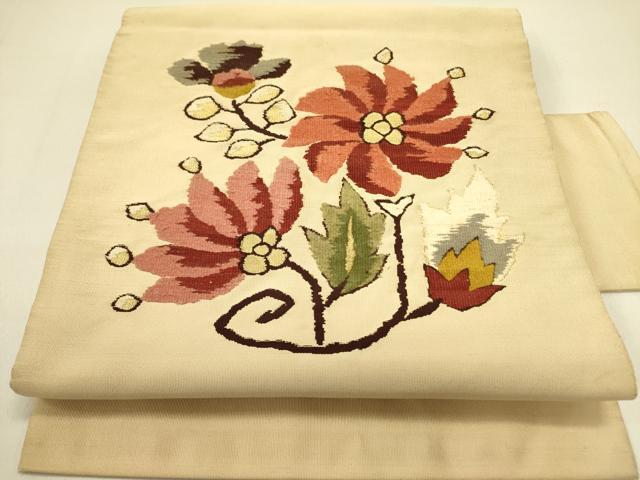 平和屋着物●爪掻き本綴れ つけ帯 モール 草花 金糸 正絹 逸品 DABB7412op