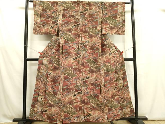 平和屋着物■上質な小紋 風景松文 鬼しぼ縮緬 正絹 逸品 DABB7496op