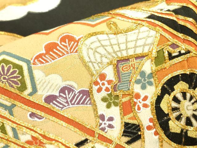 平和屋着物■豪華黒留袖 駒刺繍 御所車花文 金彩 正絹 逸品 DABB7501op