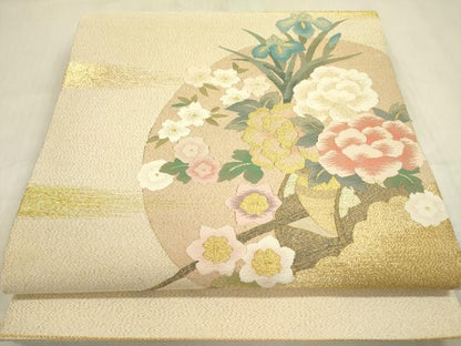 平和屋着物●爪掻き本綴れ 太鼓柄袋帯 花車文 金糸 正絹 逸品 未使用 DABB7513op