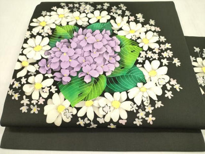 平和屋着物●塩瀬 九寸名古屋帯 紫陽花 ろうけつ染め 黒地 金彩 正絹 逸品 DABB7521op