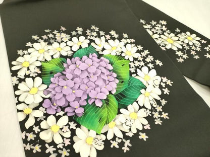 平和屋着物●塩瀬 九寸名古屋帯 紫陽花 ろうけつ染め 黒地 金彩 正絹 逸品 DABB7521op