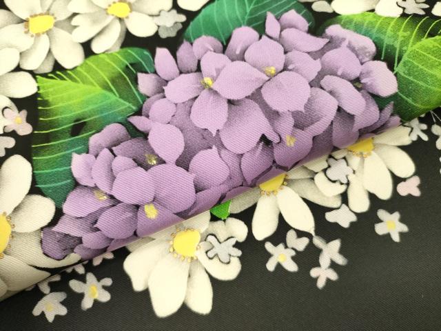 平和屋着物●塩瀬 九寸名古屋帯 紫陽花 ろうけつ染め 黒地 金彩 正絹 逸品 DABB7521op