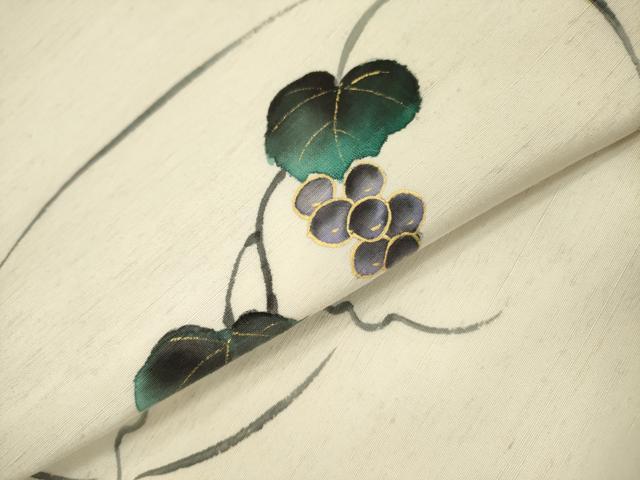 平和屋着物●九寸名古屋帯 手描き 紬地 葡萄蔦の葉文 金彩 正絹 逸品 DABB7523op