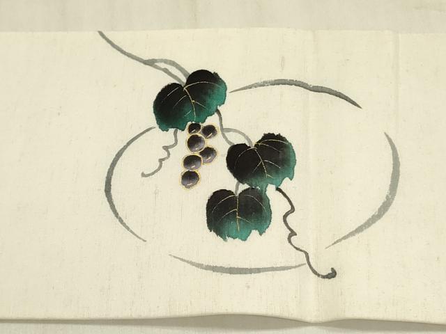 平和屋着物●九寸名古屋帯 手描き 紬地 葡萄蔦の葉文 金彩 正絹 逸品 DABB7523op