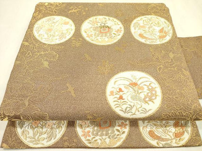 平和屋着物●九寸名古屋帯 唐織 花鳥丸文 金糸 正絹 逸品 DABB7525op