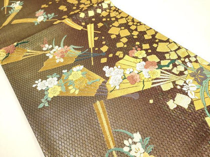 平和屋着物●染色作家 草野一騎 六通柄袋帯 唐織 檜扇花文 金銀糸 正絹 逸品 DABB7530op