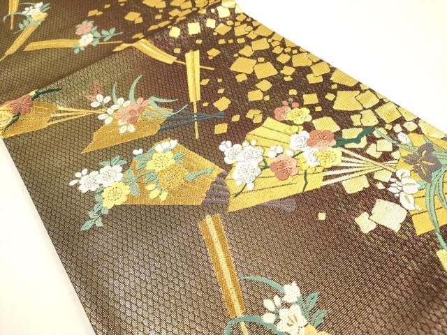 平和屋着物●染色作家 草野一騎 六通柄袋帯 唐織 檜扇花文 金銀糸 正絹 逸品 DABB7530op