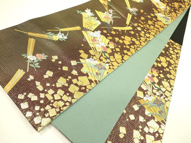 平和屋着物●染色作家 草野一騎 六通柄袋帯 唐織 檜扇花文 金銀糸 正絹 逸品 DABB7530op