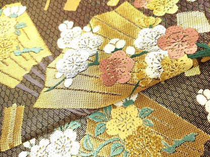 平和屋着物●染色作家 草野一騎 六通柄袋帯 唐織 檜扇花文 金銀糸 正絹 逸品 DABB7530op